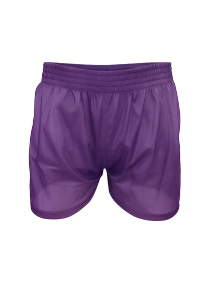 Purple nylon tricot boxer shorts with an elastic waistband and smooth shiny fabric for athletic use