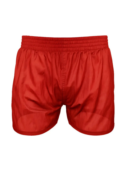 Red nylon tricot boxer shorts with elastic waistband made of smooth shiny fabric for athletic use
