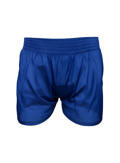 Royal blue nylon tricot boxer shorts with elastic waistband and smooth shiny fabric finish for athletic wear