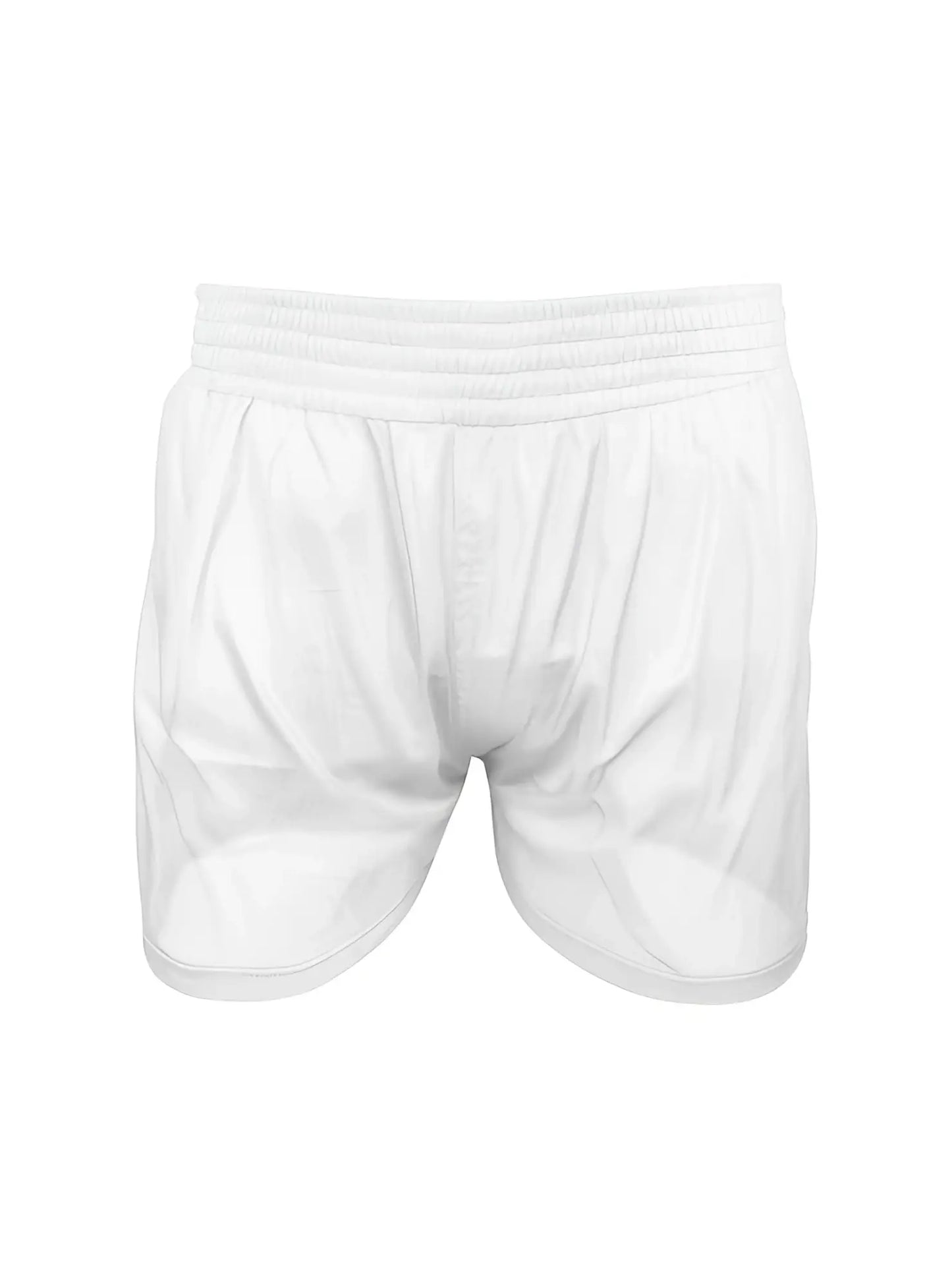 White nylon tricot boxer shorts with stretchy elastic waistband and smooth lightweight fabric for athletic use