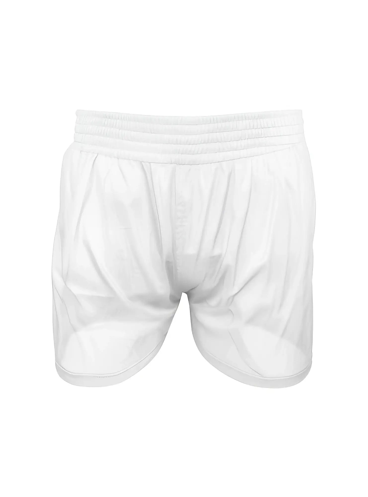 White nylon tricot boxer shorts with stretchy elastic waistband and smooth lightweight fabric for athletic use