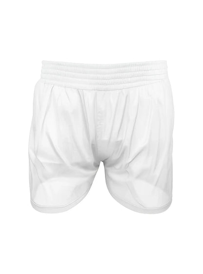 White nylon tricot boxer shorts with stretchy elastic waistband and smooth lightweight fabric for athletic use