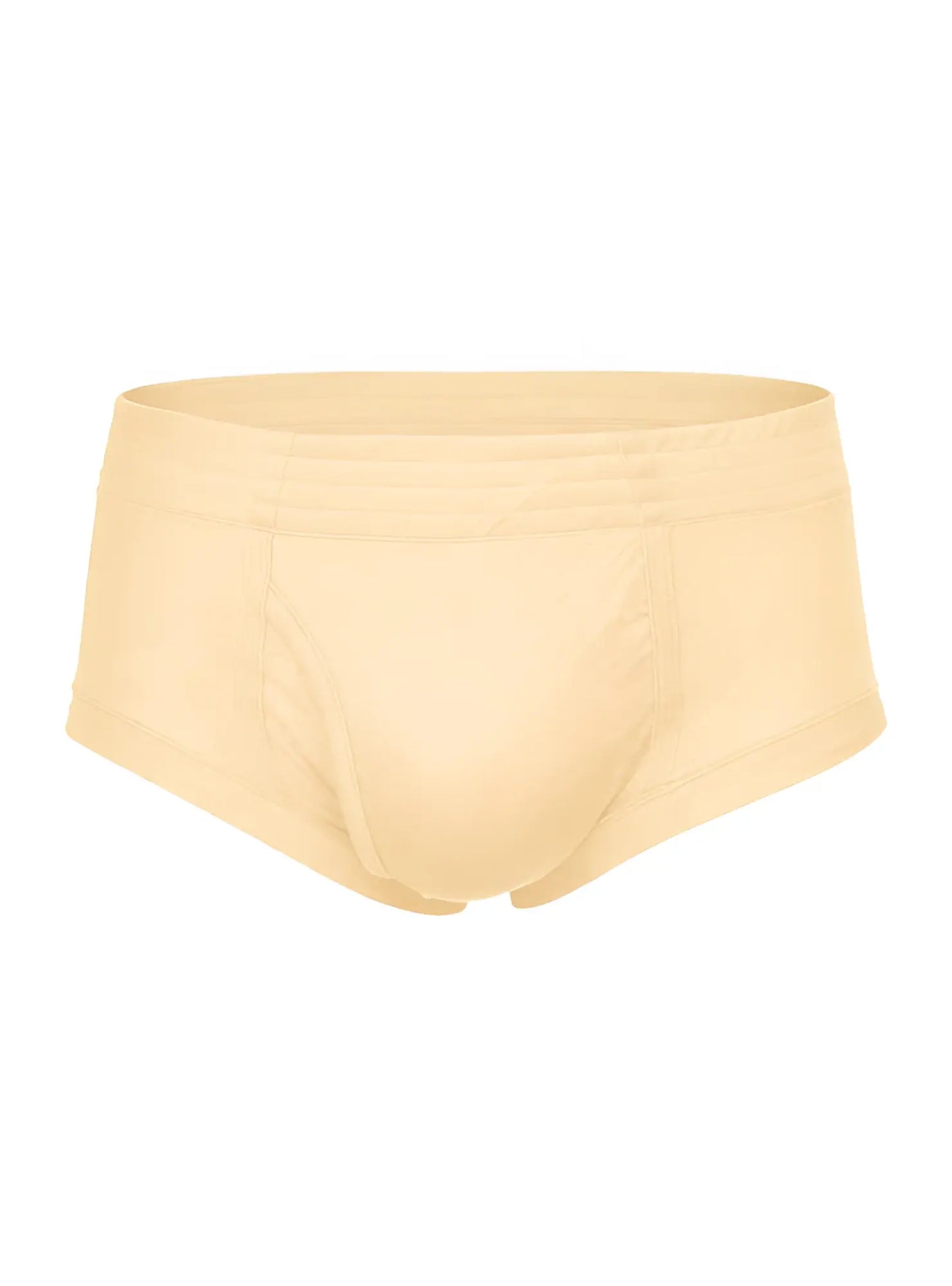 Beige nylon tricot brief with smooth seamless design and elastic waistband for comfortable everyday wear