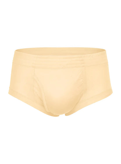 Beige nylon tricot brief with smooth seamless design and elastic waistband for comfortable everyday wear