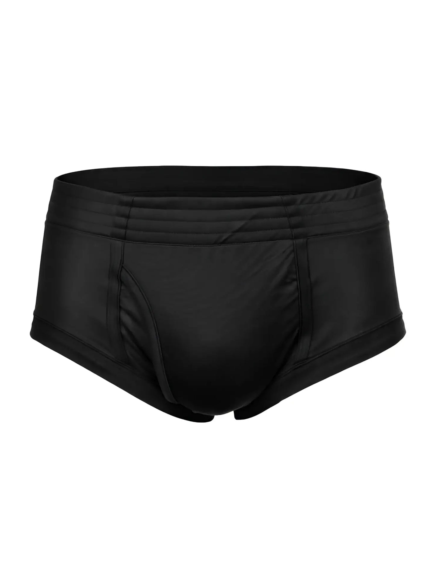 Black men’s swim trunks nylon tricot brief with smooth glossy fabric and contoured design front view