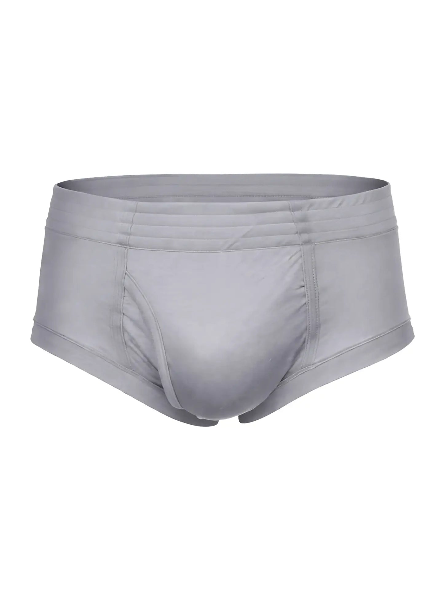 Gray men’s nylon tricot briefs with smooth form-fitting fabric and subtle stitching details visible from front