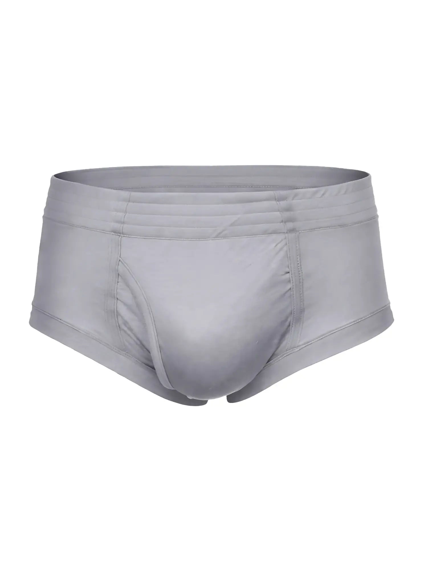 Gray men’s nylon tricot briefs with smooth form-fitting fabric and subtle stitching details visible from front