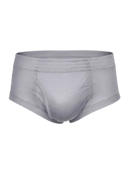 Gray men’s nylon tricot briefs with smooth form-fitting fabric and subtle stitching details visible from front