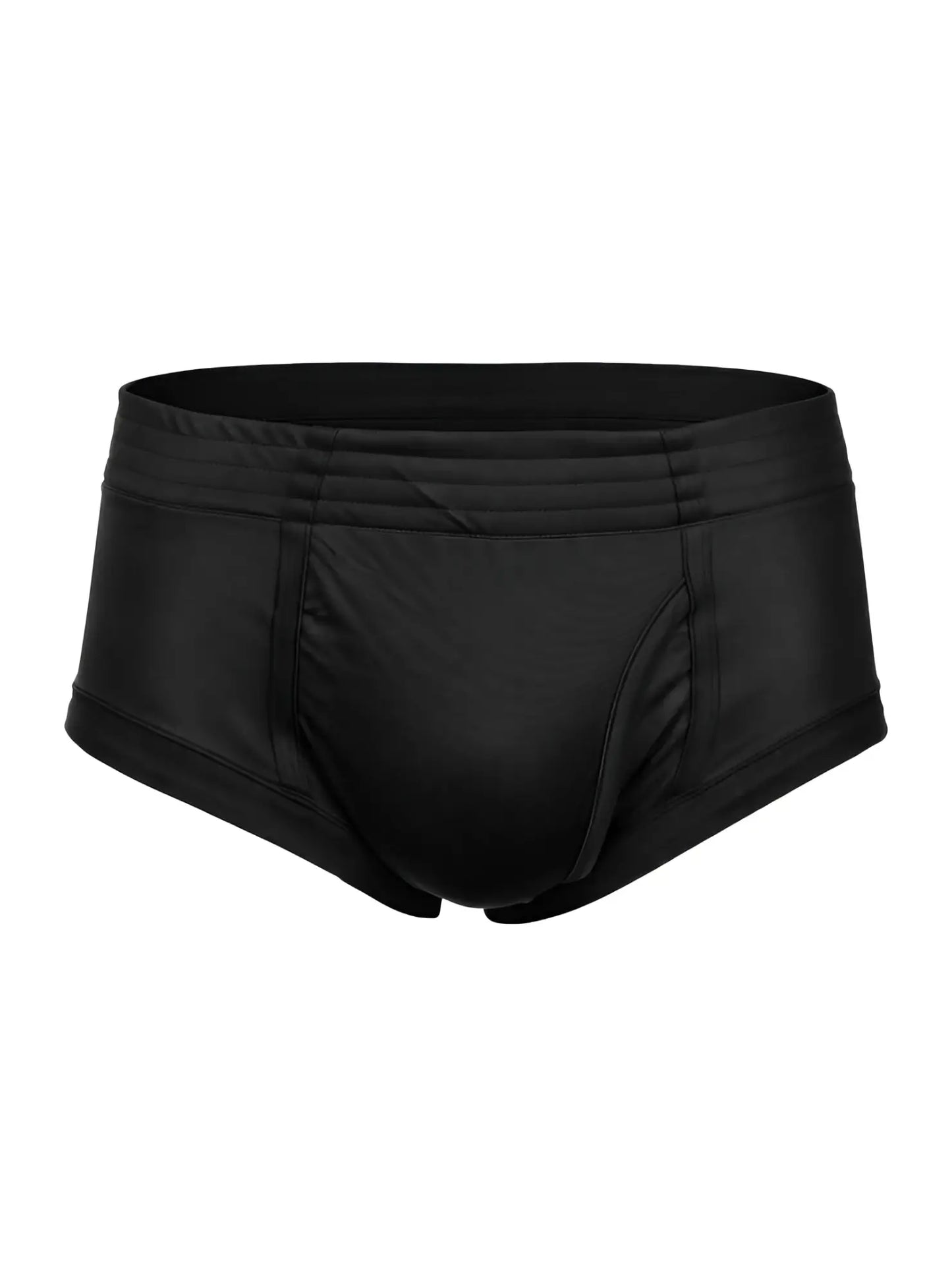 Black mens nylon tricot briefs with a smooth satin finish and elastic waistband featuring left side fly