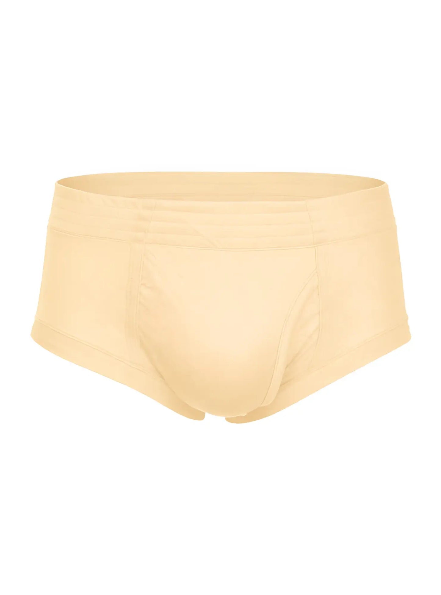 Cream-colored nylon tricot seamless briefs with soft stretch fabric and left side fly for comfortable wear