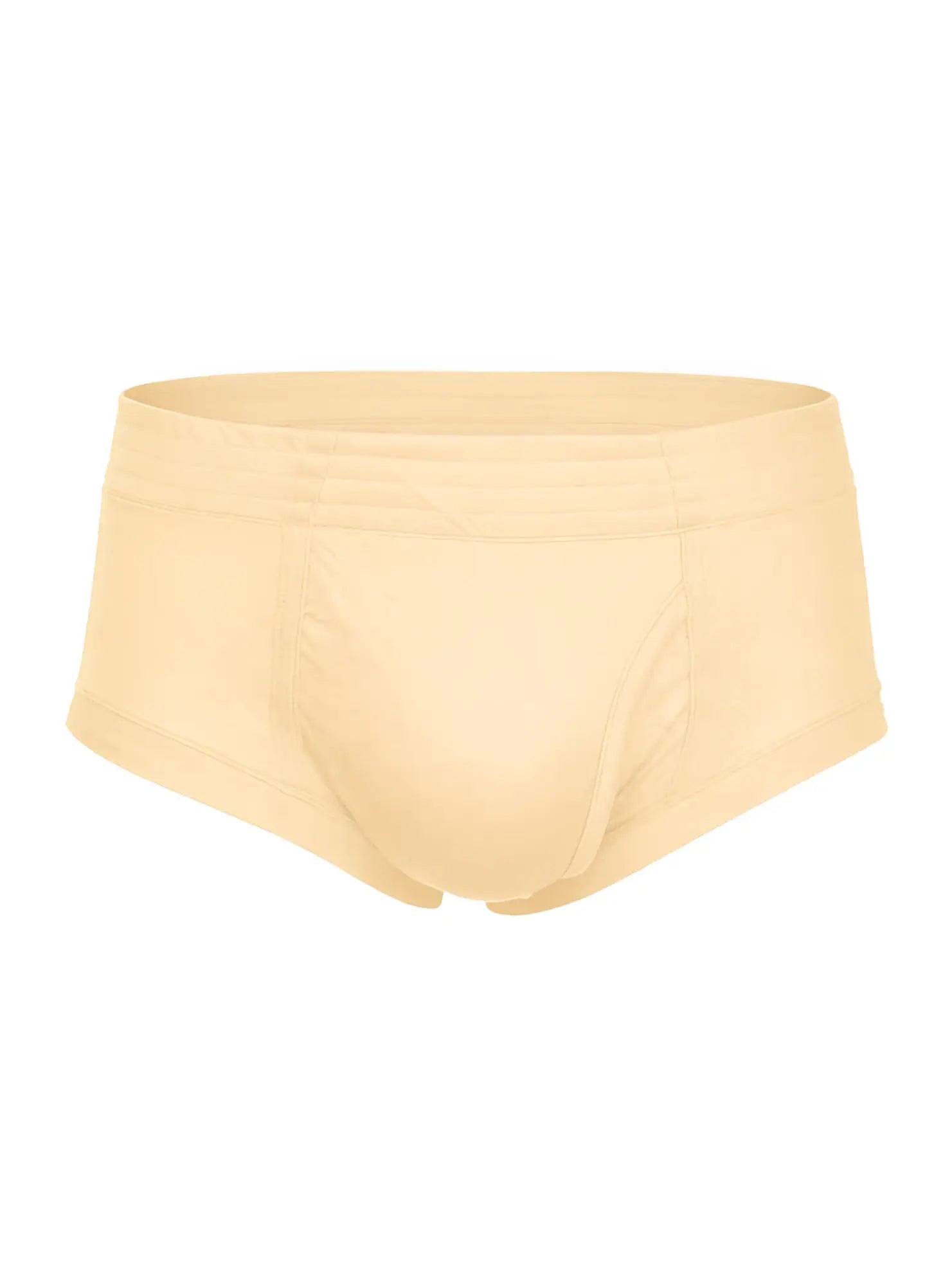Cream-colored nylon tricot seamless briefs with soft stretch fabric and left side fly for comfortable wear