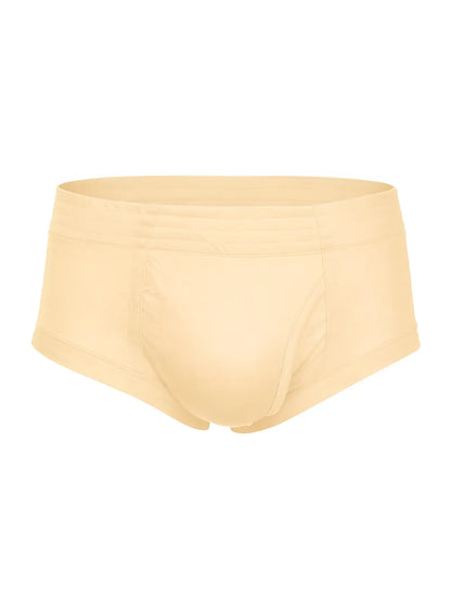 Cream-colored nylon tricot seamless briefs with soft stretch fabric and left side fly for comfortable wear