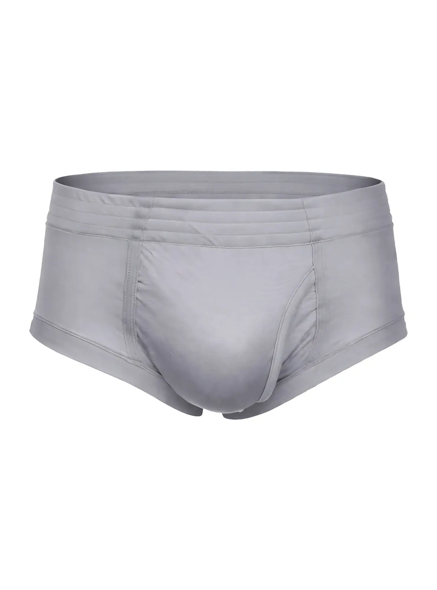 Gray men’s nylon tricot briefs with smooth stretchy fabric and contoured design showing left side fly