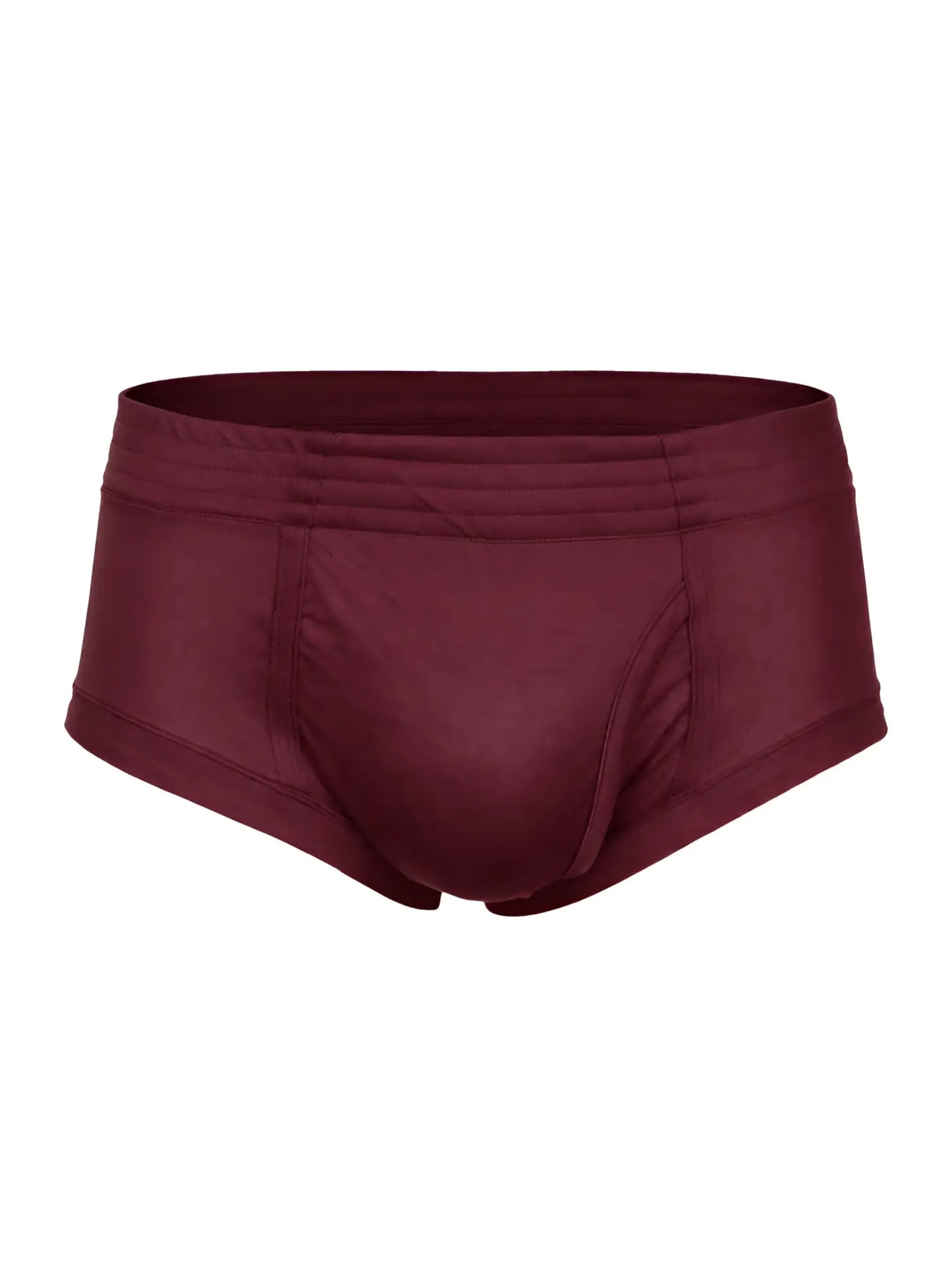 Maroon nylon tricot men’s briefs with smooth stretchy fabric and elastic waistband featuring left side fly