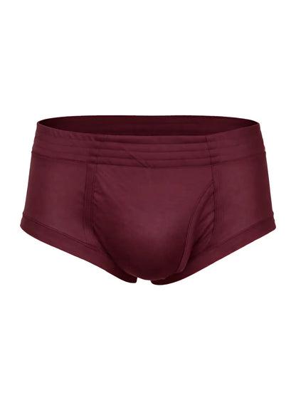 Maroon nylon tricot men’s briefs with smooth stretchy fabric and elastic waistband featuring left side fly