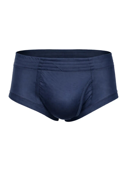 Navy blue nylon tricot brief with left side fly featuring smooth stretchy fabric and subtle seam detailing