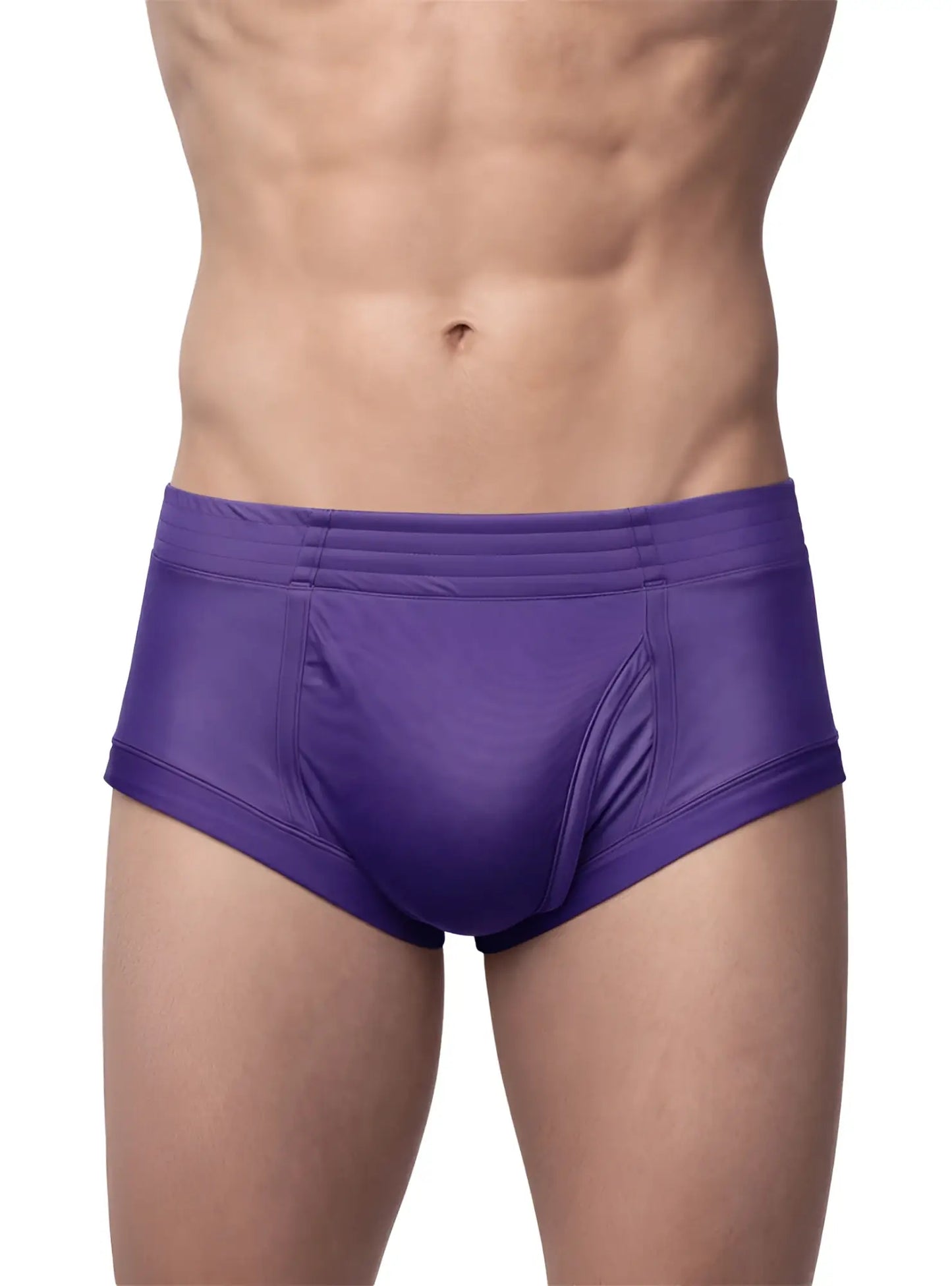 Purple nylon tricot brief with left side fly smooth satin finish and subtle seam detailing