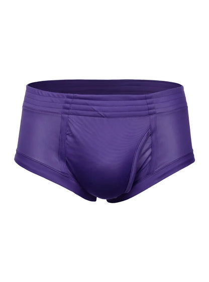 Purple nylon tricot brief swim trunks with smooth shiny fabric and elastic waistband featuring left side fly