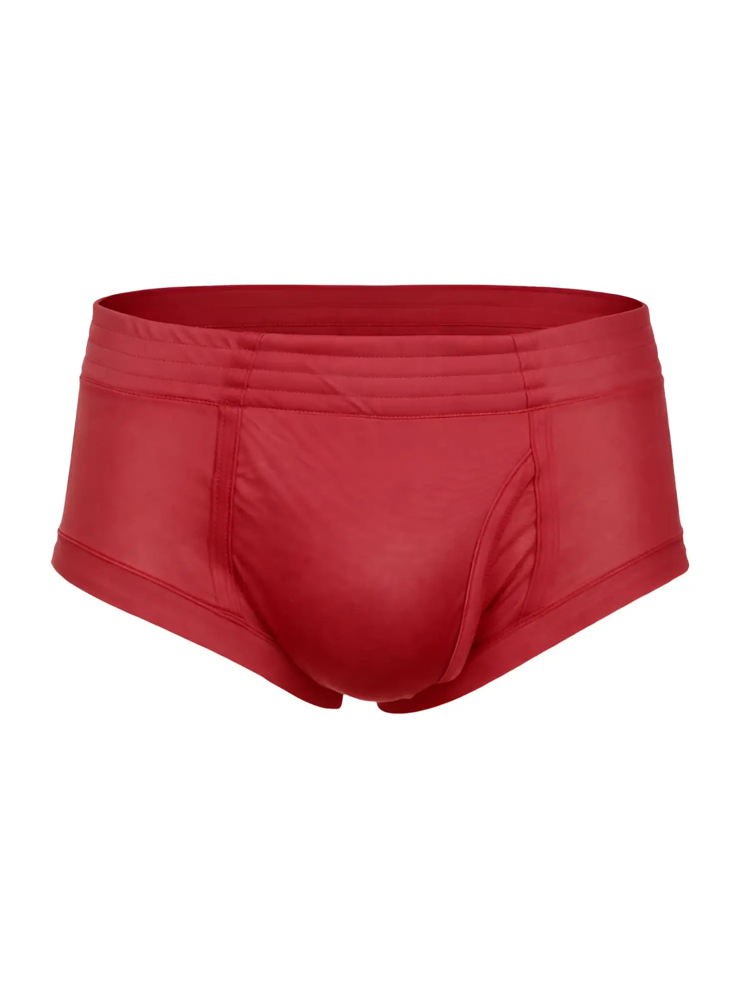 Red men’s nylon tricot brief with smooth satin fabric and elastic waistband featuring left side fly