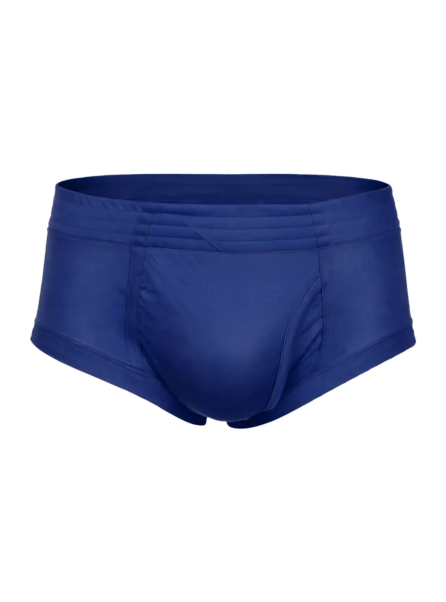 Royal blue nylon tricot brief swim trunks with smooth stretchy fabric and subtle seam detailing left side fly