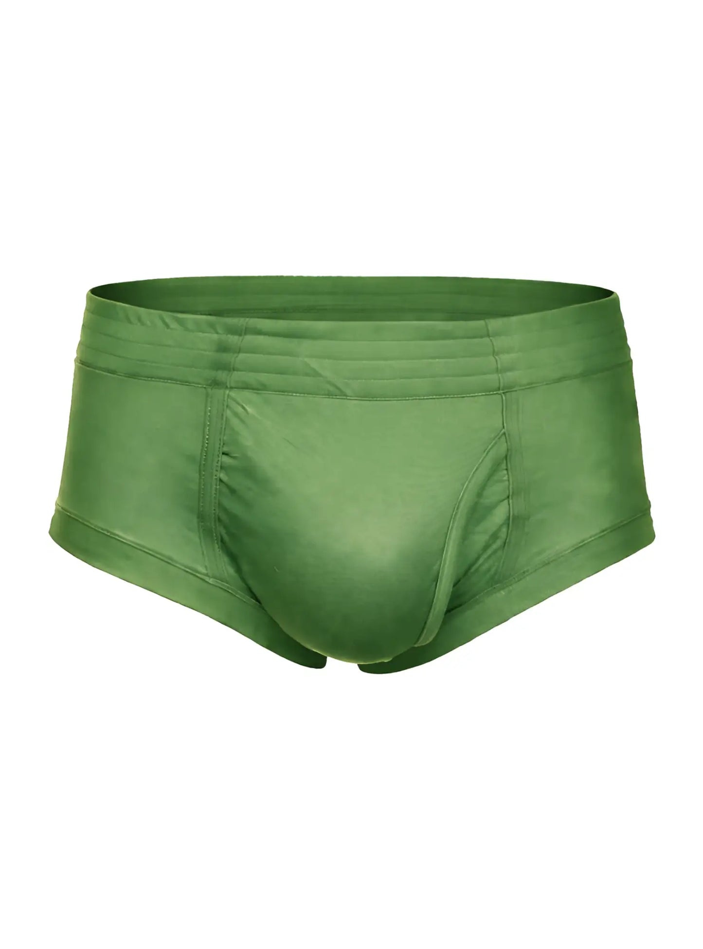 Solid olive green nylon tricot briefs with a left side fly smooth stretchy fabric and subtle seam detailing