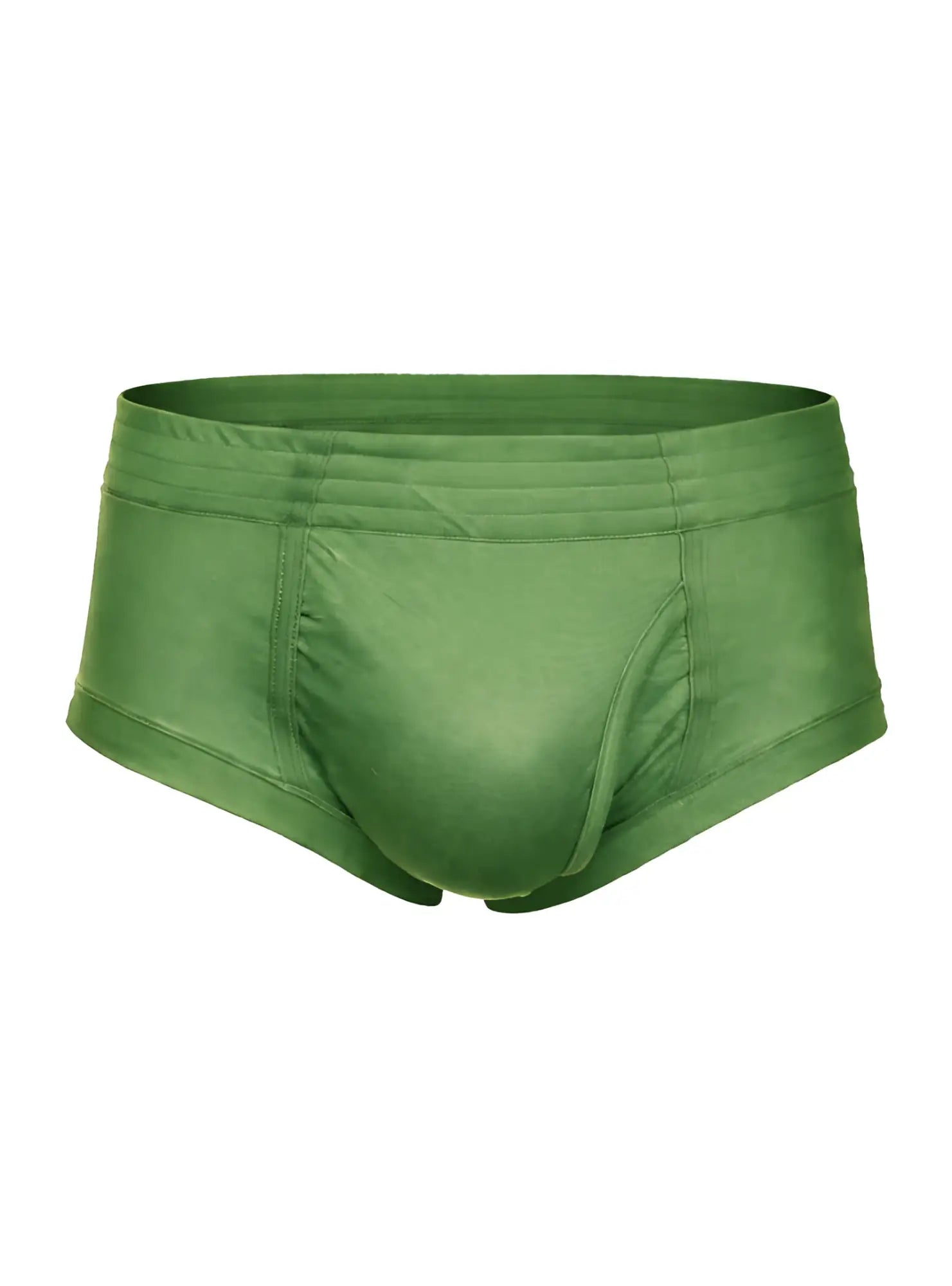 Solid olive green nylon tricot briefs with a left side fly smooth stretchy fabric and subtle seam detailing