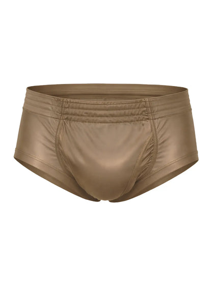 Tan metallic nylon tricot briefs with sleek shiny finish elastic waistband and left side fly visible from front