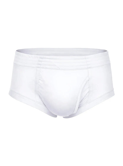 White men’s nylon tricot briefs with seamless design and elastic waistband featuring left side fly closure