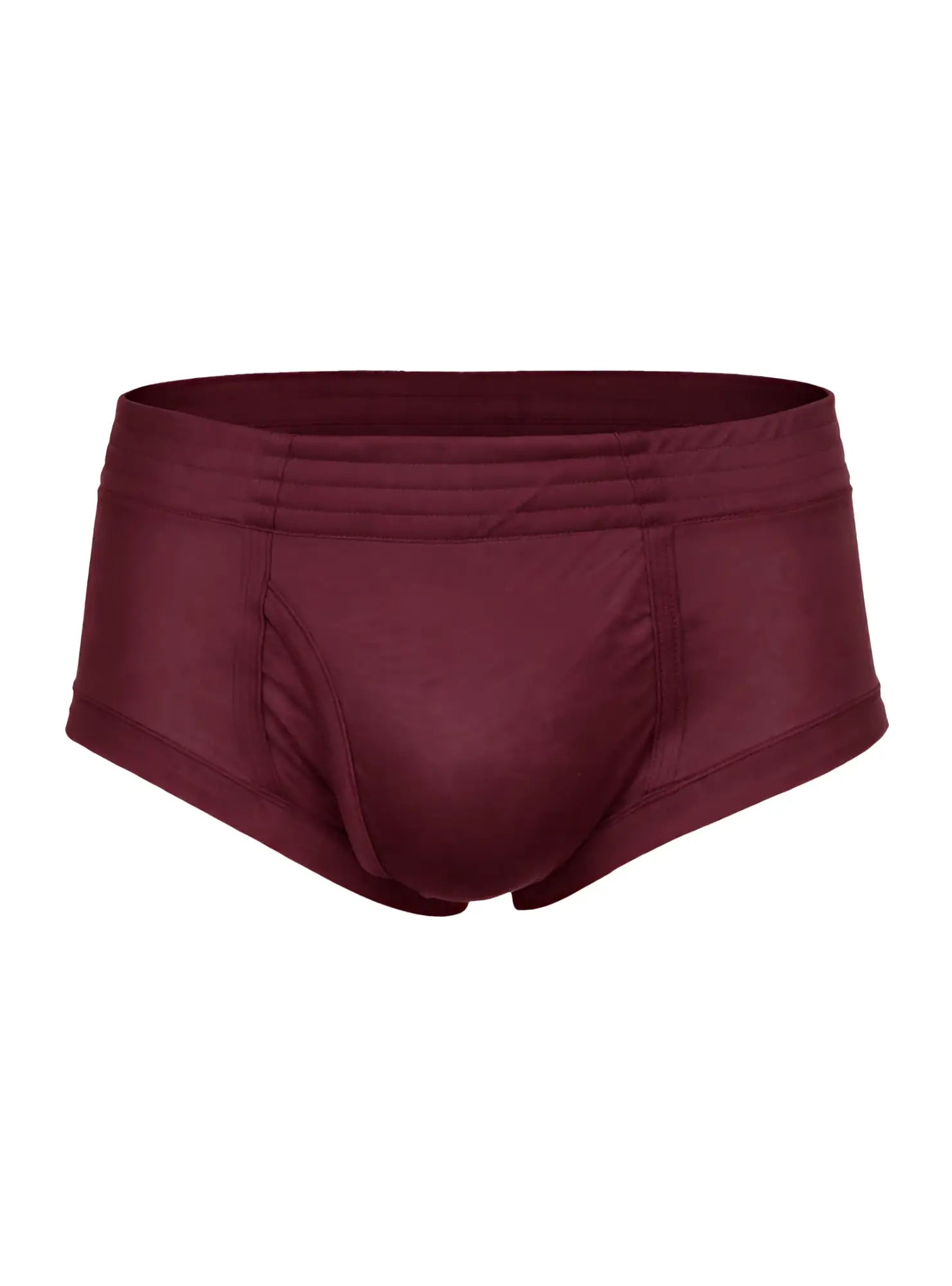 Maroon nylon tricot briefs with smooth stretchy fabric and elastic waistband shown from the back side