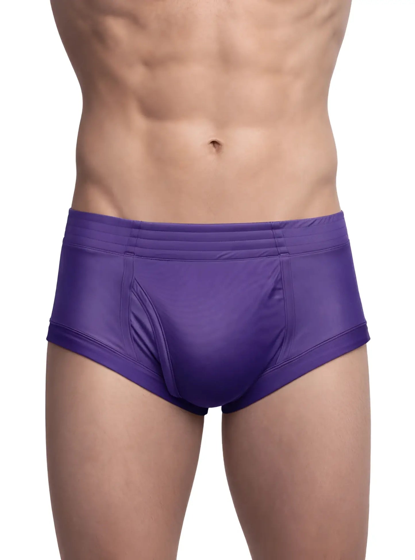 Purple men’s nylon tricot briefs with smooth shiny fabric and contoured design for comfortable support