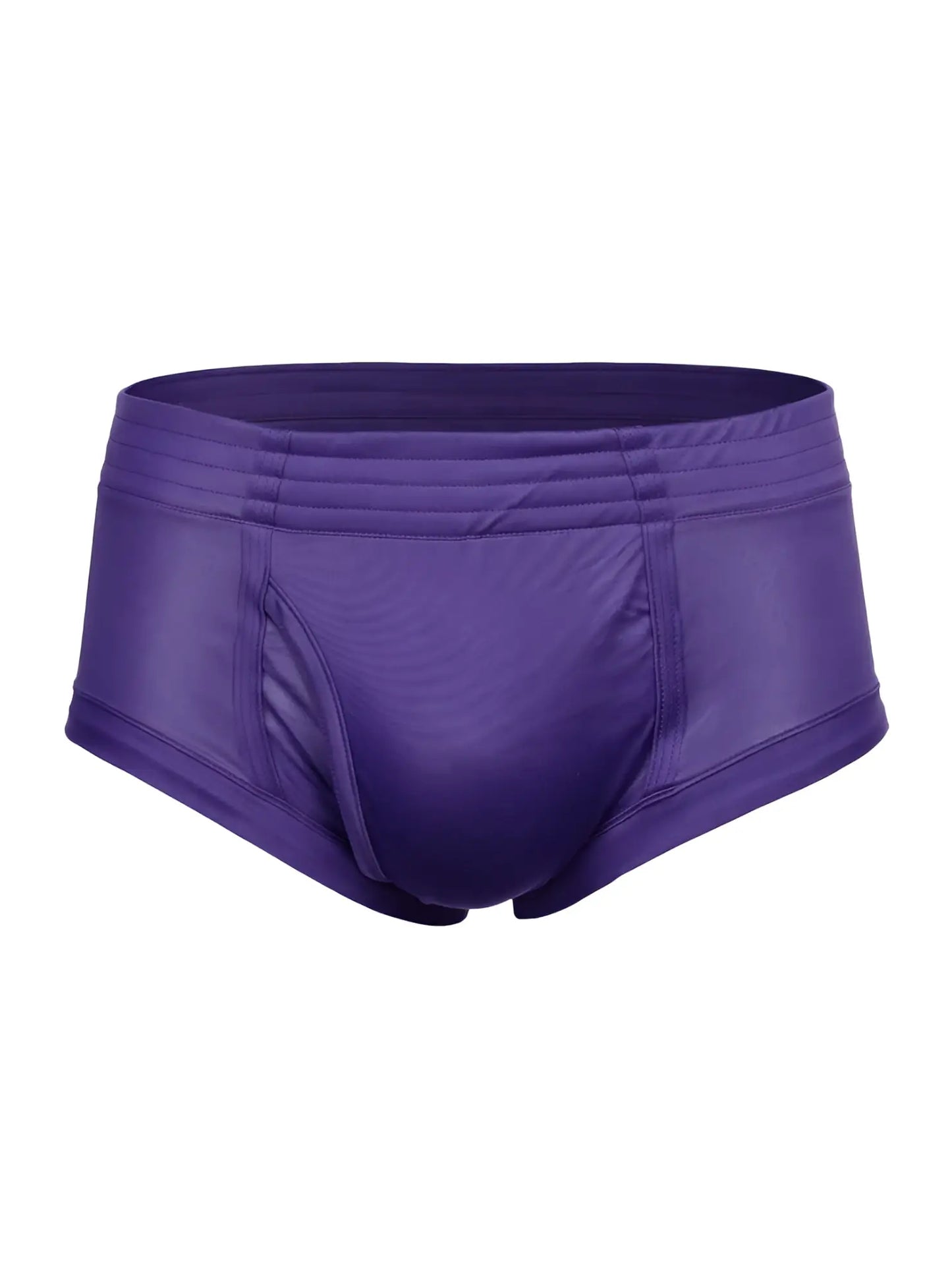 Purple satin nylon tricot brief swim trunks with smooth shiny finish and elastic waistband