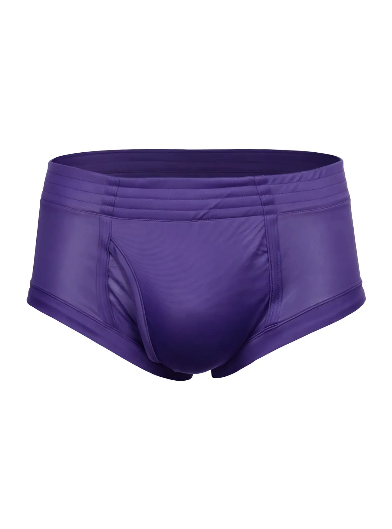 Purple satin nylon tricot brief swim trunks with smooth shiny finish and elastic waistband