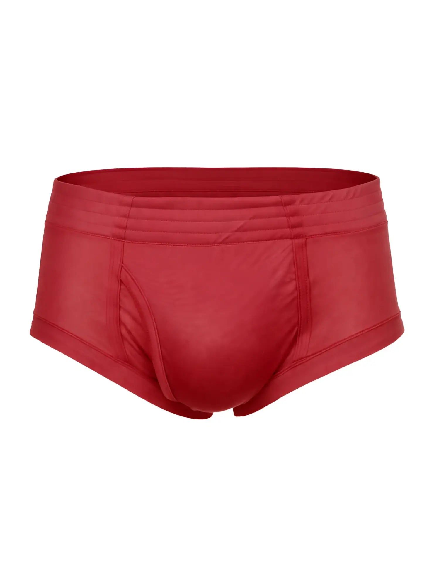Red satin nylon tricot brief with smooth glossy finish and subtle horizontal stitching along the waistband