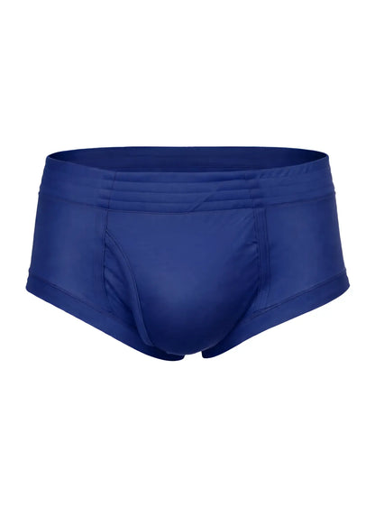 Royal blue nylon tricot brief swim trunks with smooth stretchy fabric and contoured design for comfortable wear