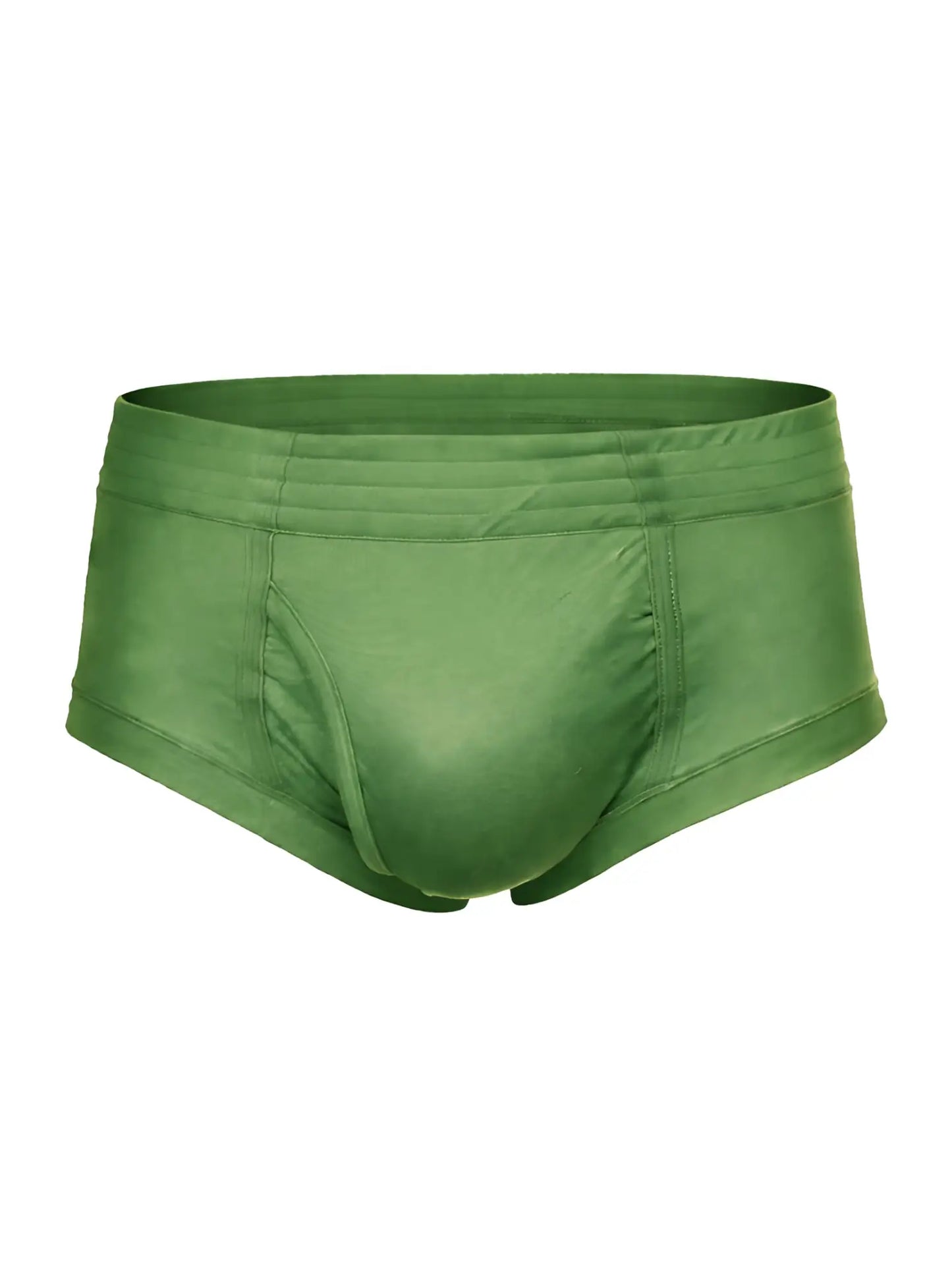 Solid olive green nylon tricot briefs with smooth satin-like fabric and subtle seam detailing