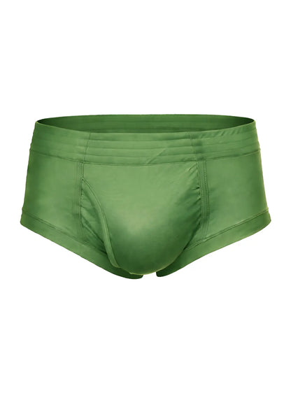 Solid olive green nylon tricot briefs with smooth satin-like fabric and subtle seam detailing