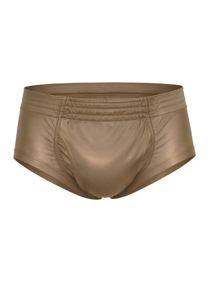 Tan metallic nylon tricot briefs with a sleek shiny finish and elastic waistband