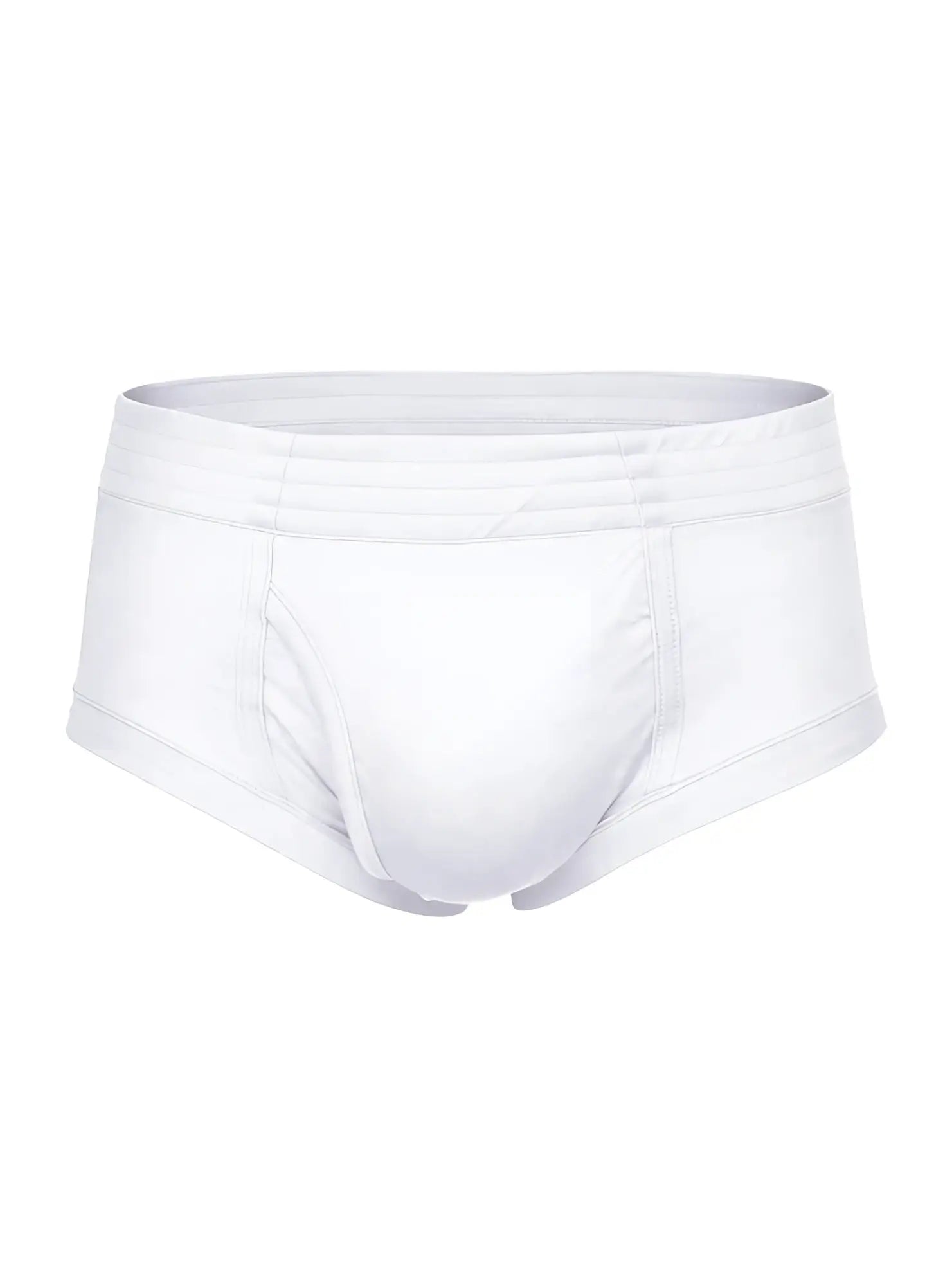 White men’s nylon tricot briefs with smooth seamless design and elastic waistband shown from the front