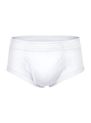 White men’s nylon tricot briefs with smooth seamless design and elastic waistband shown from the front