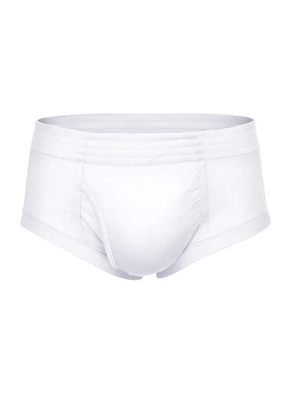 White men’s nylon tricot briefs with smooth seamless design and elastic waistband shown from the front