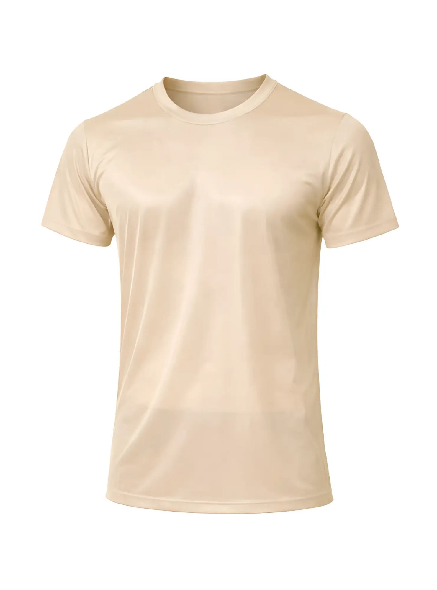 Beige nylon tricot crew neck t-shirt with short sleeves made of smooth lightweight fabric for casual wear