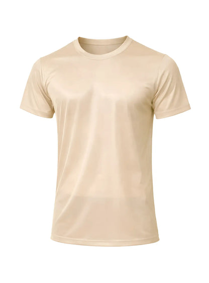 Beige nylon tricot crew neck t-shirt with short sleeves made of smooth lightweight fabric for casual wear