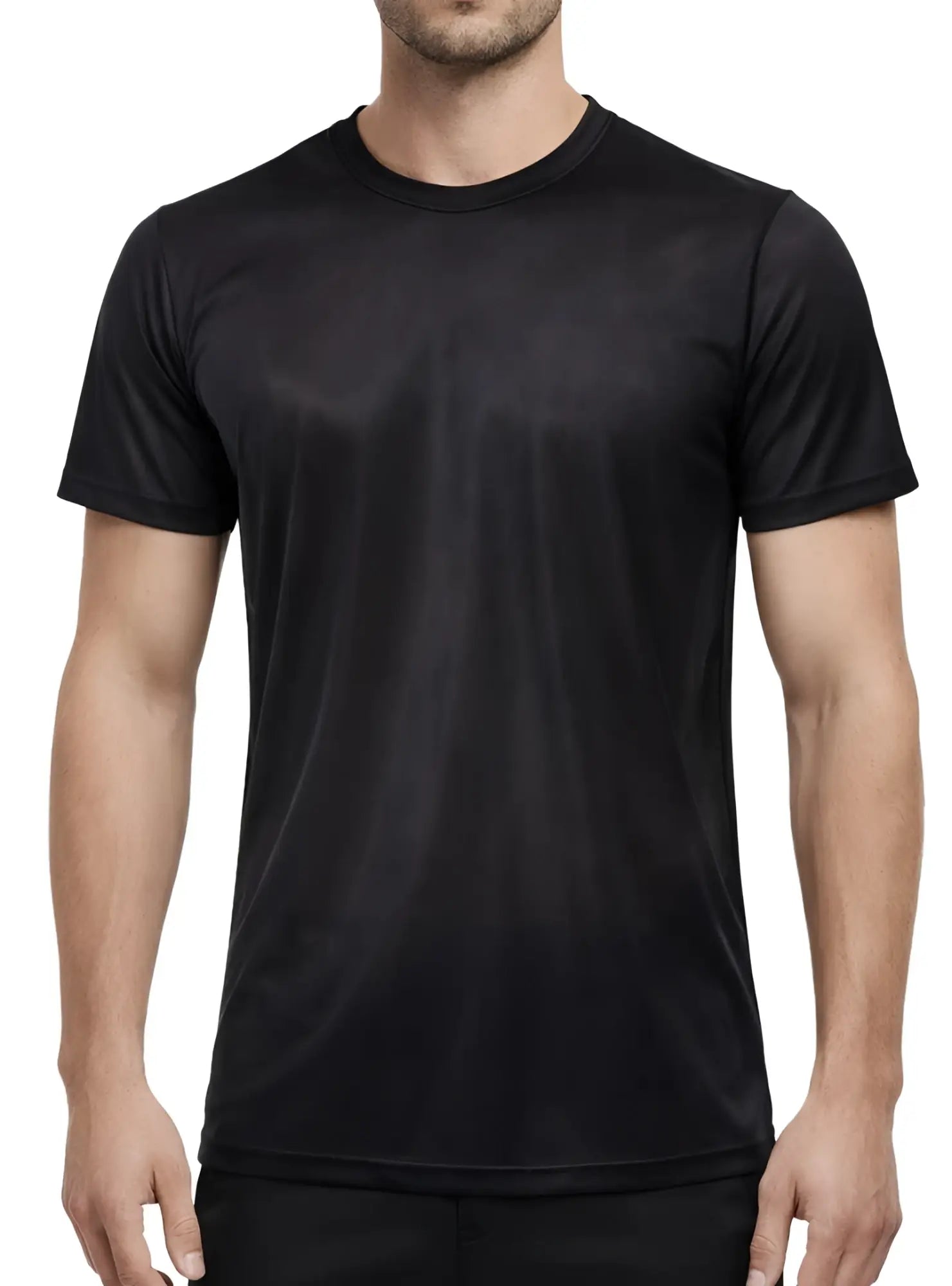 Black short-sleeved crew neck t-shirt made from smooth shiny nylon tricot fabric for comfortable wear