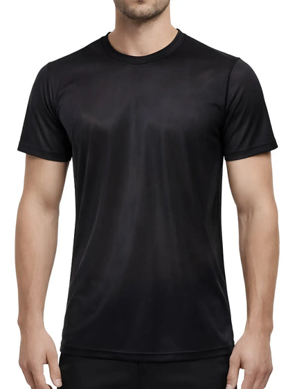 Black short-sleeved crew neck t-shirt made from smooth shiny nylon tricot fabric for comfortable wear