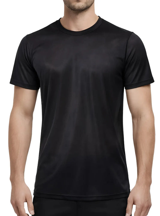 Black short-sleeved crew neck t-shirt made from smooth shiny nylon tricot fabric for comfortable wear