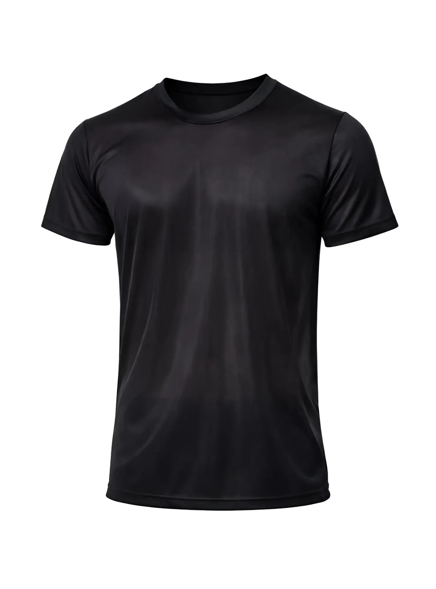 Black short-sleeved nylon tricot crew neck t-shirt with smooth performance fabric for athletic use
