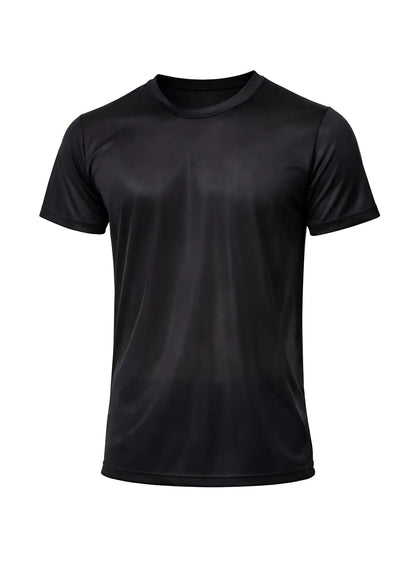 Black short-sleeved nylon tricot crew neck t-shirt with smooth performance fabric for athletic use