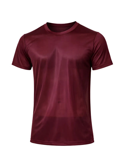 Maroon short-sleeved nylon tricot crew neck t-shirt with smooth performance fabric for athletic wear