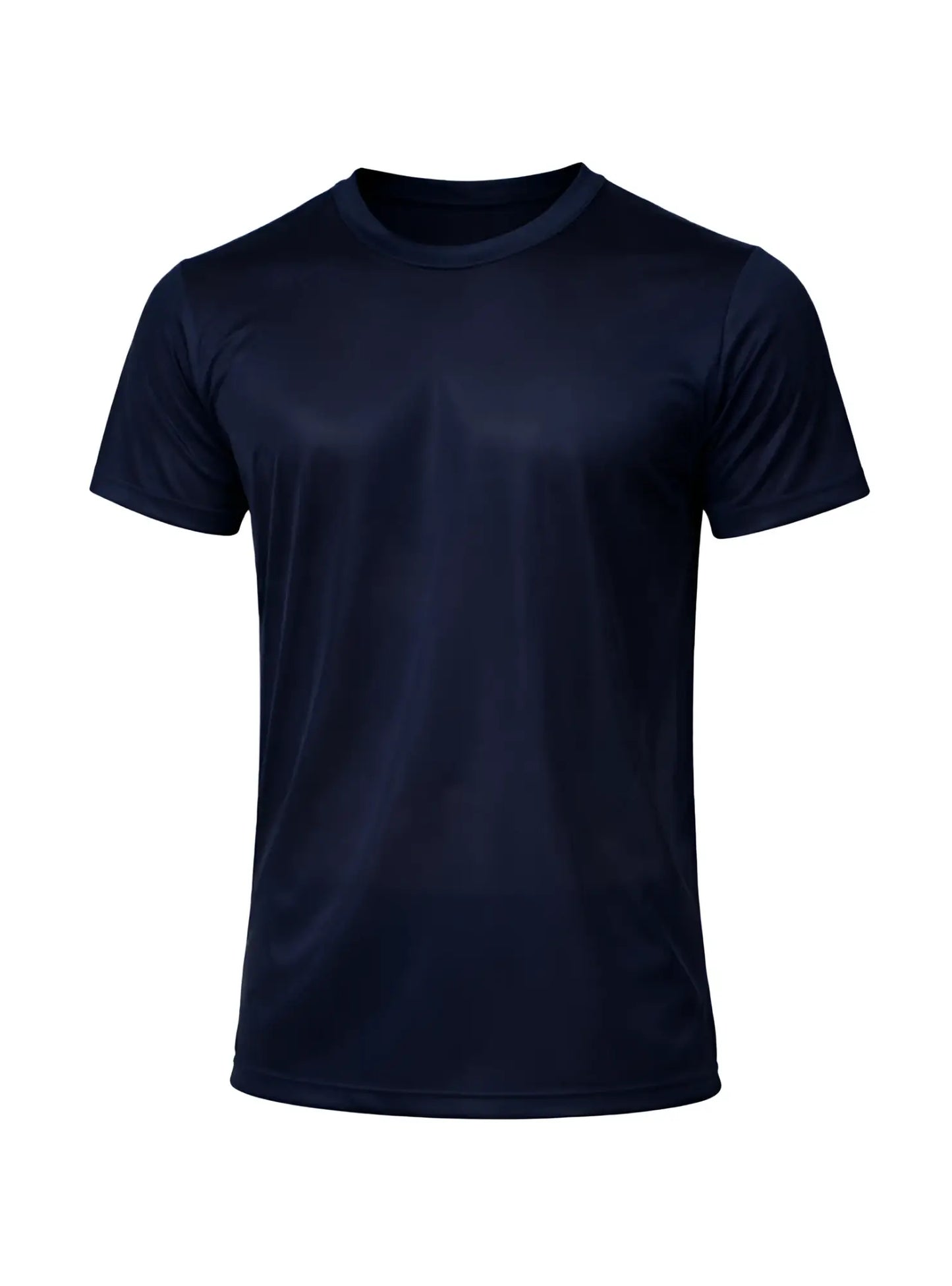 A navy blue nylon tricot crew neck t-shirt with short sleeves made of smooth lightweight fabric