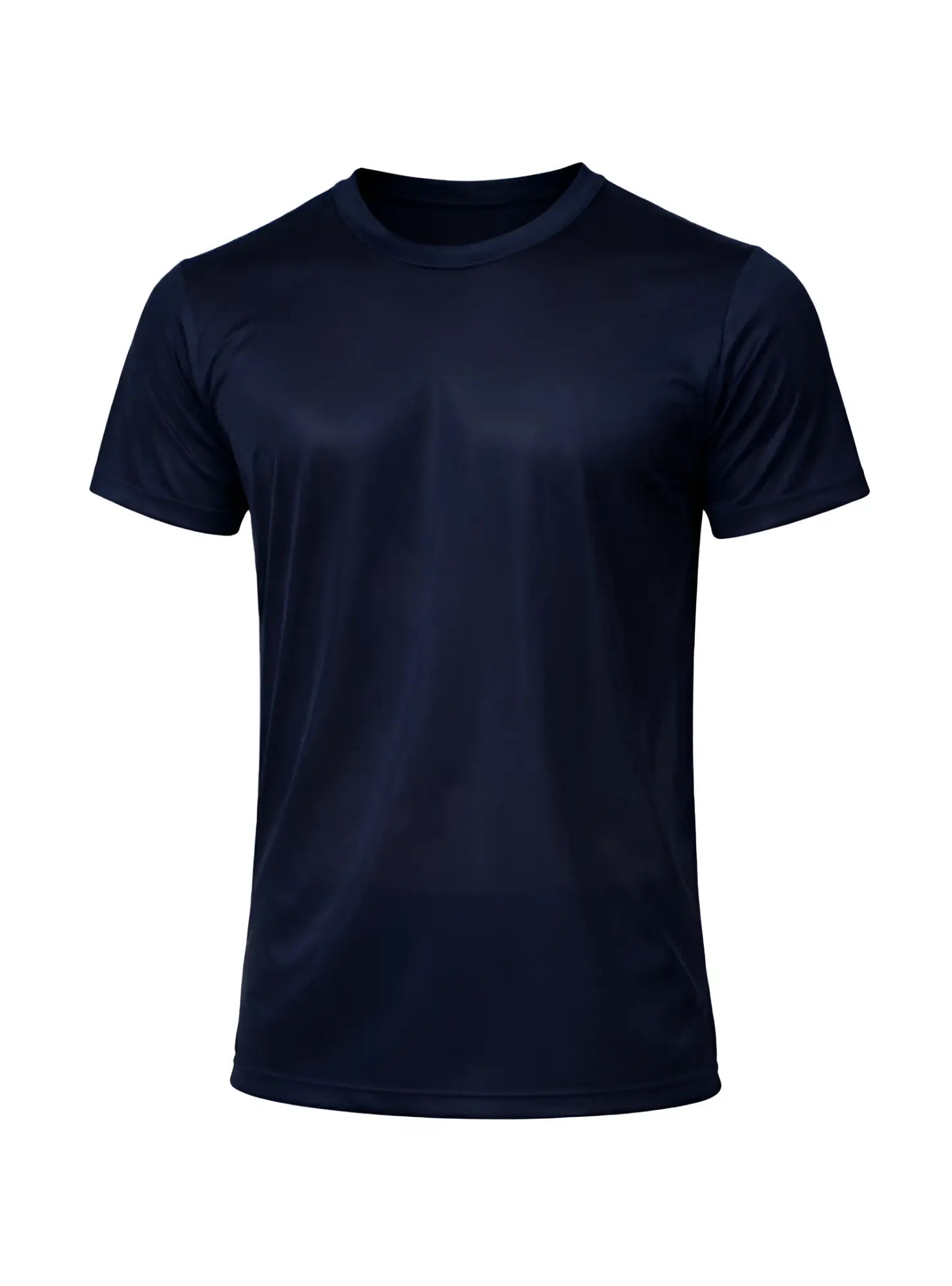 A navy blue nylon tricot crew neck t-shirt with short sleeves made of smooth lightweight fabric